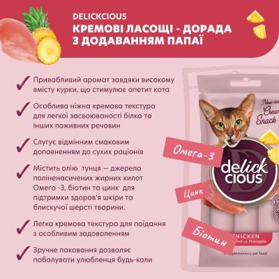 Лакомство для котов Delickcious Курица с добавлением ананаса 4 х 15 г (4820269141629)