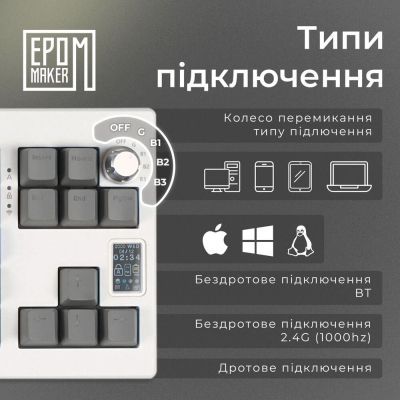 Клавіатура Epomaker Shadow-X 70 Mulan Switch Hot-Swap LCD Screen RGB Wireless/Bluetooth/USB UA White (SHX-W-M)