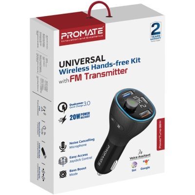 FM модулятор Promate PowerTune 38w USB-A OTG/USB-A QC3.0/USB-C PD Black (powertune-38w.black)