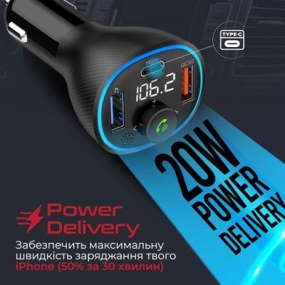 FM модулятор Promate PowerTune 38w USB-A OTG/USB-A QC3.0/USB-C PD Black (powertune-38w.black)