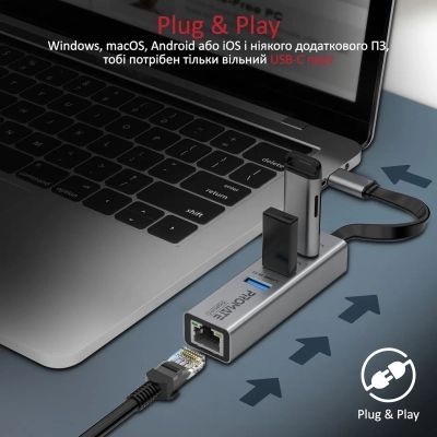 Концентратор Promate USB Hub 4 ports (gigahub-c.grey) (gigahub-c.grey)