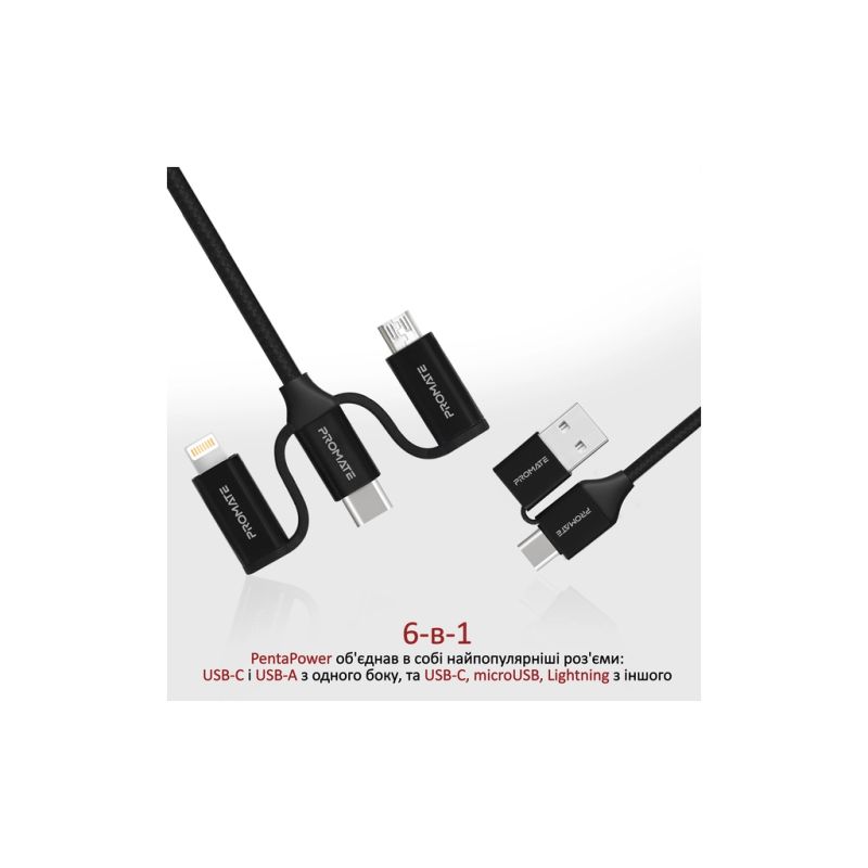 Дата кабель USB 2.0 AM to Lightning + Micro 5P + USB-C Promate (pentapower.black)