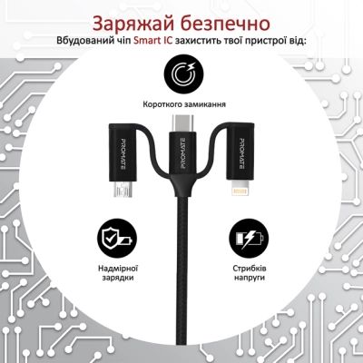 Дата кабель USB 2.0 AM to Lightning + Micro 5P + USB-C (pentapower.black) Promate (pentapower.black)