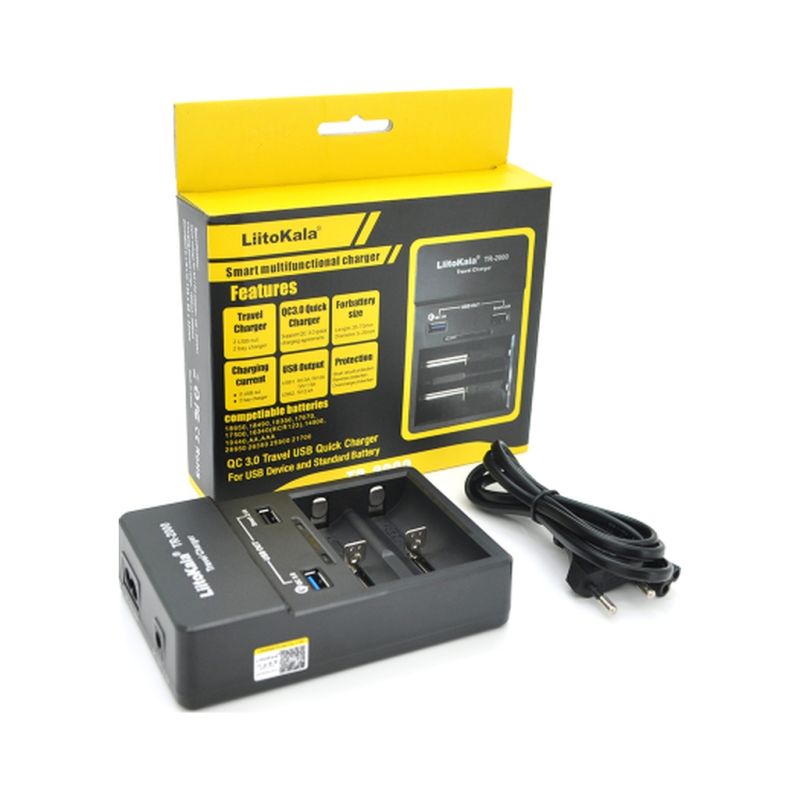Зарядное устройство для аккумуляторов Liitokala 2 Slots, USB1/QC/3.0, USB2/2.4A, NiMHC(R14)/SC/AA/AAA/17670, Li-ion10440...26650 (Lii-TR2000)