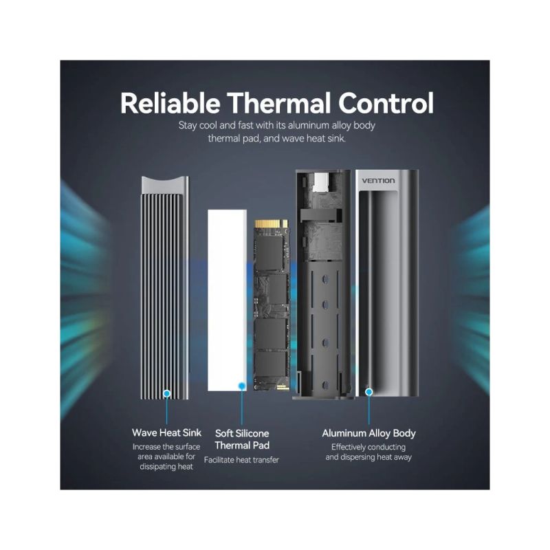 Карман внешний Vention SSD M.2 (NVME) M-key USB Type-C 3.2 10Gbps Heat Sink Aluminum (KPKH0)