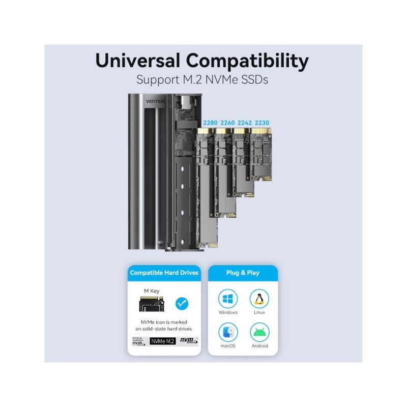 Карман внешний Vention SSD M.2 (NVME) M-key USB Type-C 3.2 10Gbps Heat Sink Aluminum (KPKH0)