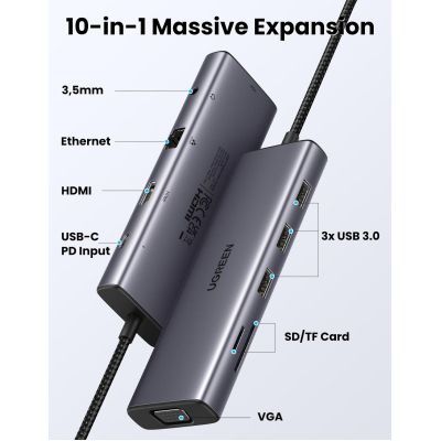 Концентратор Ugreen USB3.1 Type-C to HDMI/VGA/USB 3.0х3/RJ45/SD/TF/PD/35мм TRRS 100W 10-in-1 (15601)