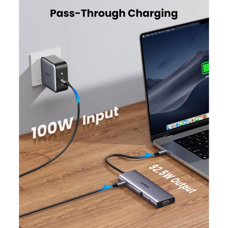 Концентратор Ugreen USB3.1 Type-C to HDMI/VGA/USB 3.0х3/RJ45/SD/TF/PD/35мм TRRS 100W 10-in-1 (15601)
