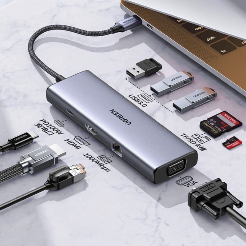 Концентратор Ugreen USB3.1 Type-C to HDMI60Hz/VGA/USB 3.0х3/RJ45/SD/TF/PD 100W 9-in-1 CM498 (15600)