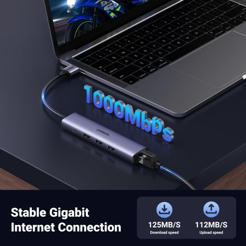 Концентратор Ugreen USB 3.0 to 3хUSB 3.0/Type-C+RJ45(1000M) Ethernet 5in1 CM475 (60554)