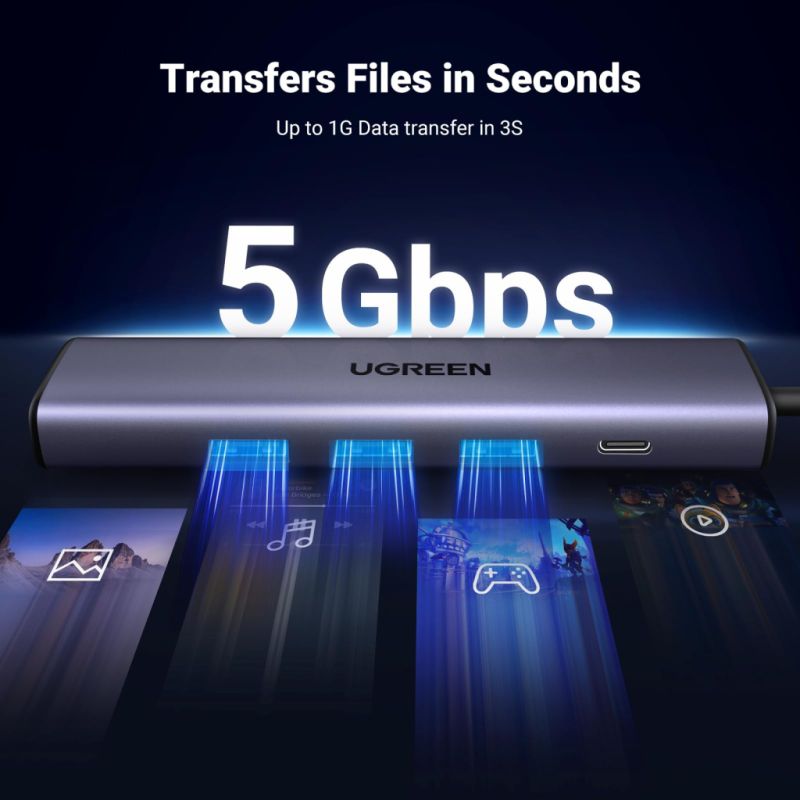 Концентратор Ugreen USB 3.0 to 3хUSB 3.0/Type-C+RJ45(1000M) Ethernet 5in1 CM475 (60554)