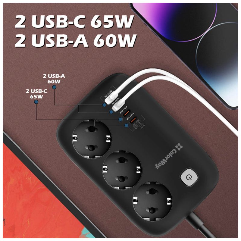 Сетевой фильтр питания ColorWay 3 роз/4USB GaN3 Pro (CW-CHE34PDB)