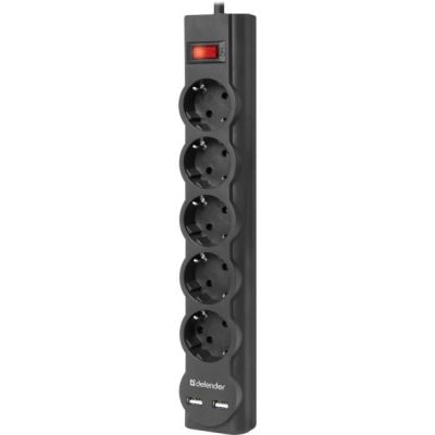 Сетевой фильтр питания Defender DFS 751, 1.8m, 5роз., 2xUSB (99751)