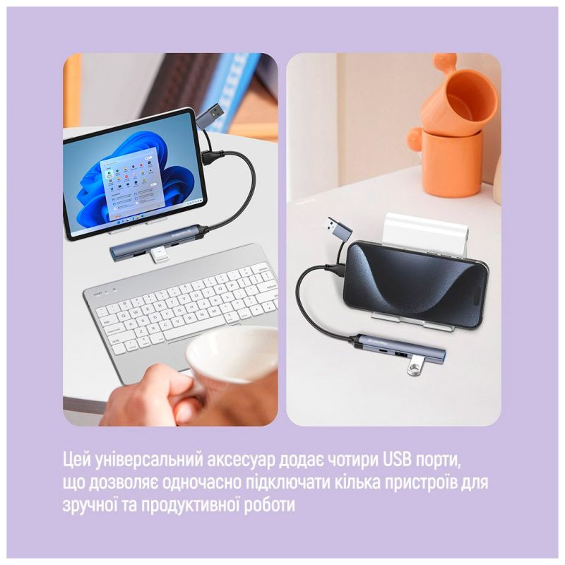 Концентратор ColorWay USB-A/USB-C 4-in-1 USB2.0х2/USB3.0/USB-C2.0 (CW-HUB06)
