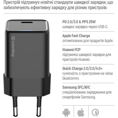 Зарядний пристрій ColorWay GaN Mini 25W PD Port PPS USB-C black (CW-CHS052PD-BK)