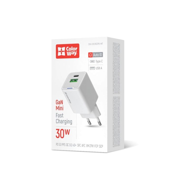 Зарядное устройство ColorWay GaN Mini 30W PD Port PPS USB (Type-C PD + USB QC4.0) white (CW-CHS053PD-WT)