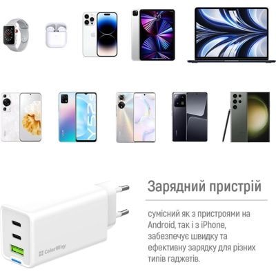 Зарядний пристрій ColorWay GaN Mini 65W PD Port PPS USB (USB-2C1A) white (CW-CHS058PD-WT)