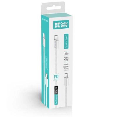 Дата кабель USB-C to USB-C 2.0m (braided cotton) (PD Fast Charging 60W) 3.0А grey ColorWay (CW-CBPDCC068-GR)