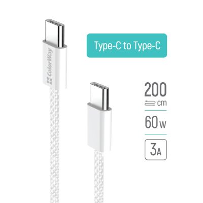 Дата кабель USB-C to USB-C 2.0m (braided cotton) (PD Fast Charging 60W) 3.0А grey ColorWay (CW-CBPDCC068-GR)