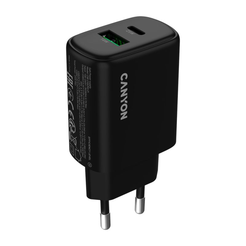 Зарядное устройство Canyon OnCharge 250 25W 1xPD 1xQC EU Black (CNE-CHA250-31)