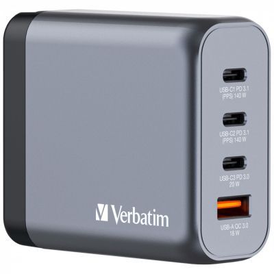 Зарядное устройство Verbatim GaN 140 W 4 ports (2xUSB-C-140 W,USB-C 20 W /USB-A -3.0) (32203)