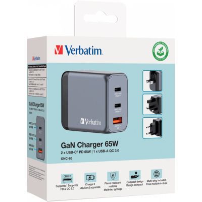 Зарядний пристрій Verbatim GaN 65 W 3 ports (2xUSB-C-65 W /USB-A -3.0) (32201)