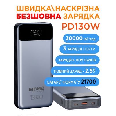 Батарея универсальная Sigma X-power SI30A7QLX 30000mAh, PD/130W, LED, cable 100w, silver (4827798479117)