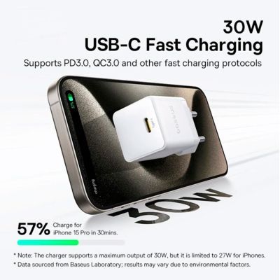 Зарядное устройство Baseus Palm Fast Charger 1C 30W + Cable 1.0m Type-C 60W white (P10111605213-01)