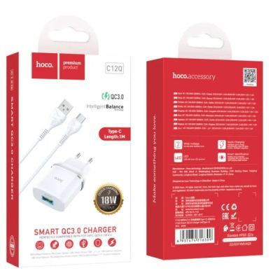 Зарядное устройство HOCO C12Q Smart USB QC3.0 + cable USB to USB-C 18W White (6931474716309)