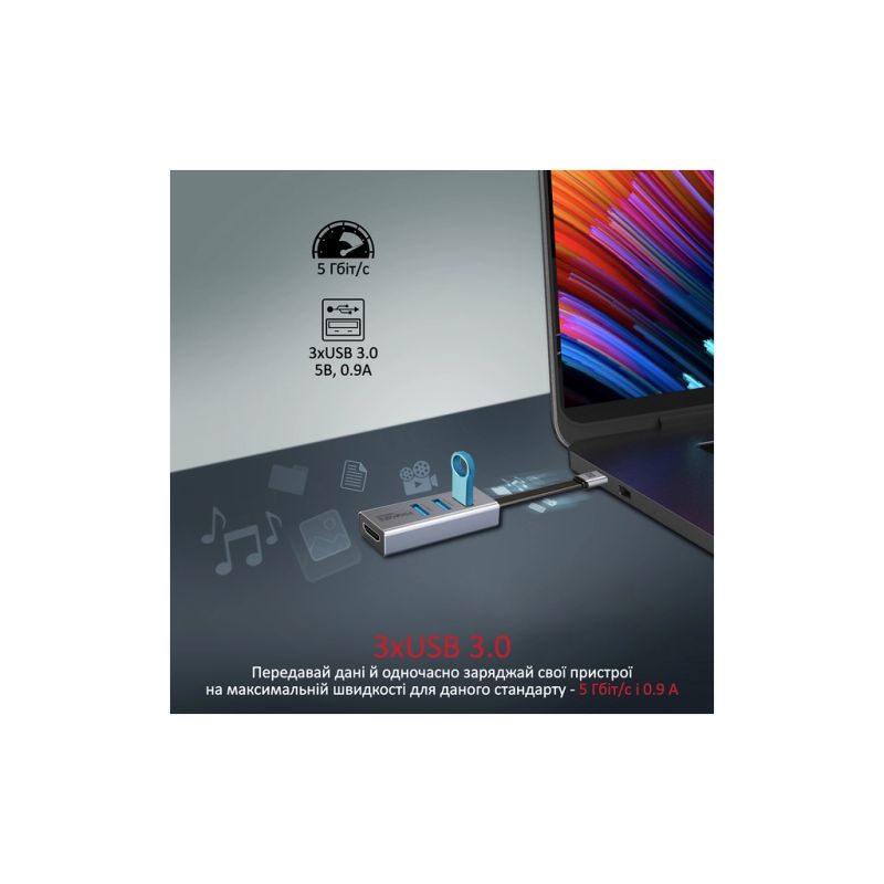 Концентратор Promate USB-C 4-in-1 порти Promate (mediahub-c3.grey)