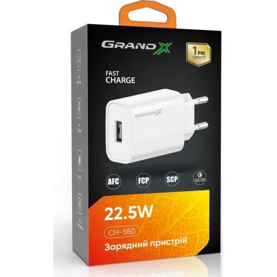 Зарядний пристрій Grand-X (CH-550W) Quick Charge USB QC3.0 22.5W White (CH-550W)