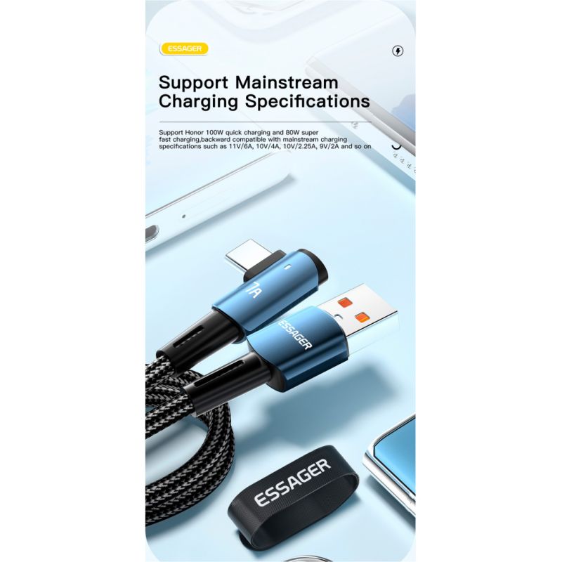Дата кабель USB 2.0 AM to USB-C 1.0m 100W 90° corner black Essager (EXCWT7A-CG01-P)
