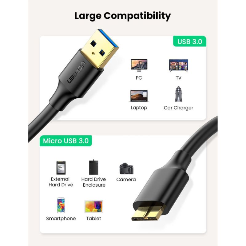 Дата кабель USB 3.0 AM to Micro B 0.5m US130 black Ugreen (10840)
