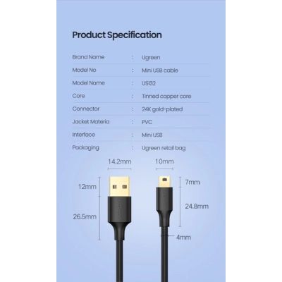 Дата кабель USB 2.0 AM to Mini 5P 1.0m US132 black Ugreen (10355)