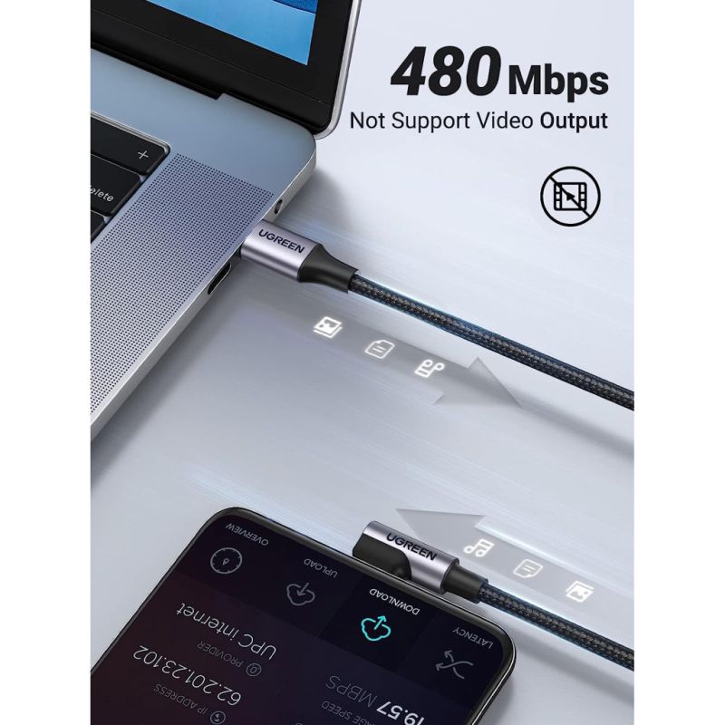 Дата кабель USB-C to USB-C 0.5m 3A 60W 90° corner US255 black/gray Ugreen (50122)