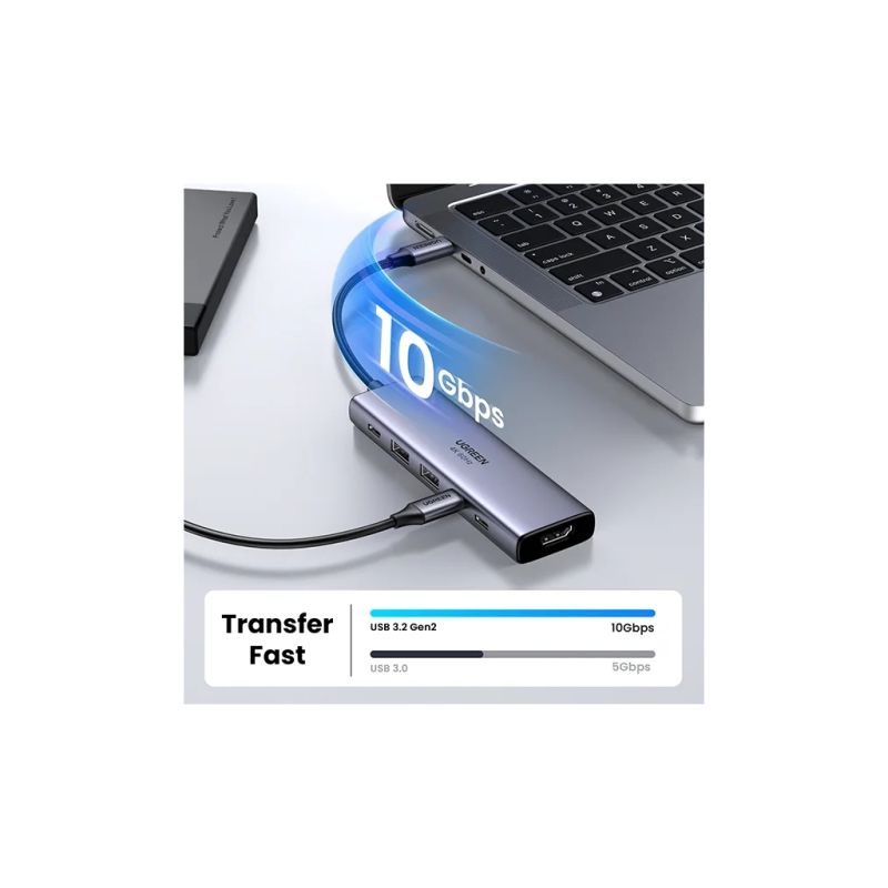 Концентратор Ugreen USB-C to HDMI + 2xUSB 3.2 + 2xUSB-C 3.2 + PD CM511 gray (35999)