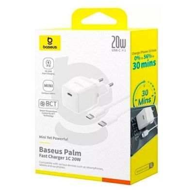 Зарядное устройство Baseus 1xUSB-C 20W + 1xUSB white + cable USB-C to USB-C 60W 1.0m (P10111608213-01)