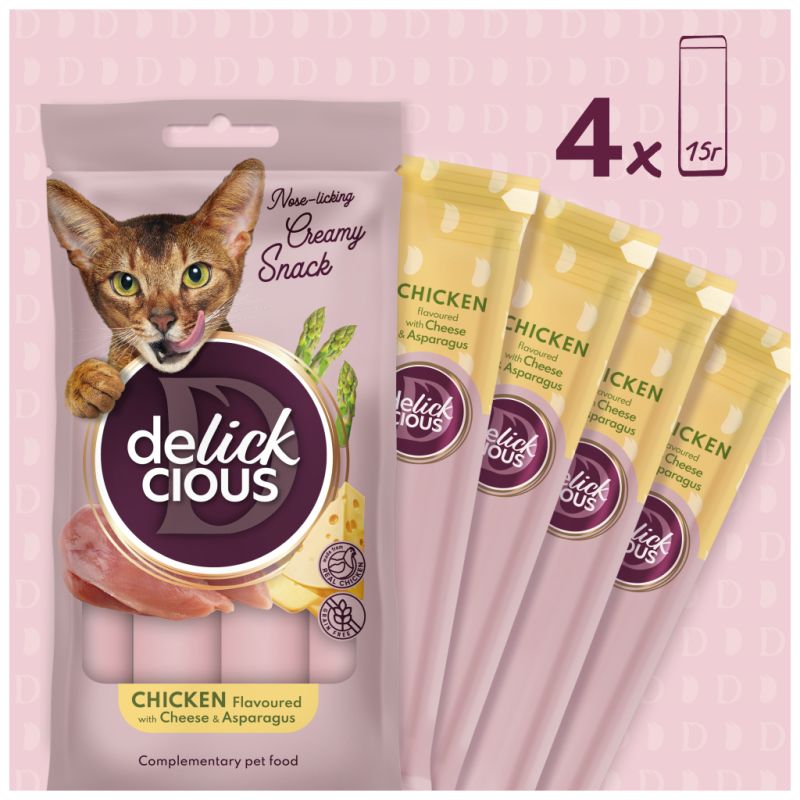 Ласощі для котів Delickcious курка з додаванням сиру та спаржі 4х15 г (4820269145184)