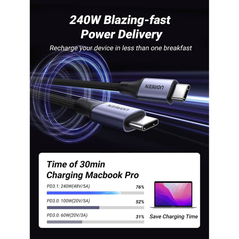 Дата кабель USB-C to USB-C 2.0m 240W space gray Ugreen (90440)