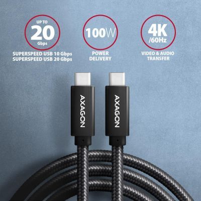 Дата кабель USB-C to USB-C 2.0m USB 3.2 Gen 2 PD 100W 5A 4K black AXAGON (BUCM32-CM20AB)