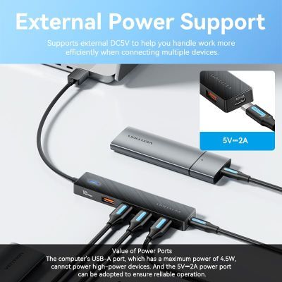 Концентратор Vention USB to 4xUSB 3.2 Gen2 + USB-C 10Gbps 0.15m black (CHOBB)