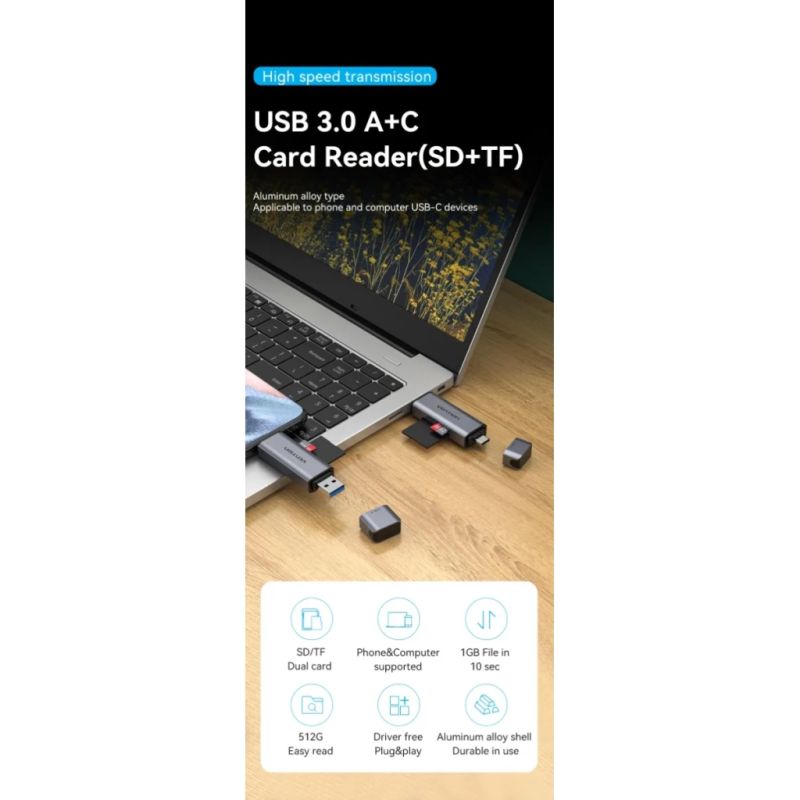 Считыватель флеш-карт Vention USB 3.0 AM/USB-C to SD+TF Gray Dual Drive Letter Aluminum Alloy (CLLH0)