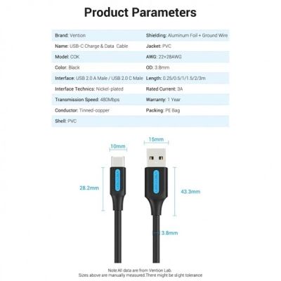 Дата кабель USB 2.0 AM to USB-C 1.5m 3A black Vention (COKBG)