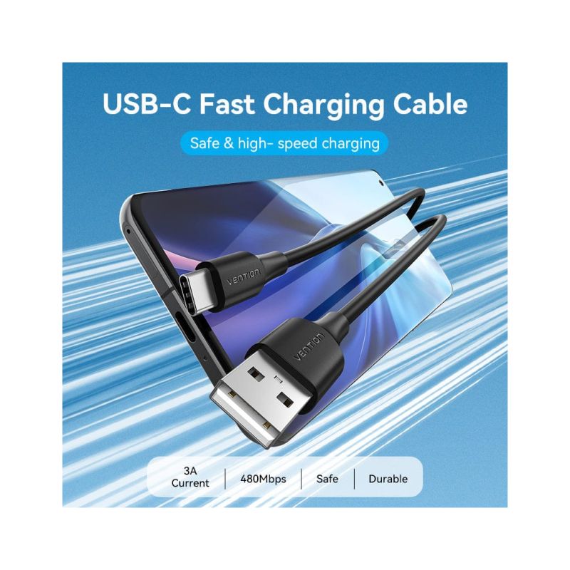 Дата кабель USB 2.0 AM to USB-C 1.0m 3A black Vention (CTHBF)