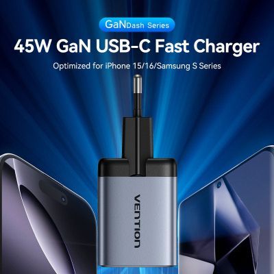 Зарядний пристрій Vention 2xUSB-C PD45W GaN transparent gray (FCFH0-EU)