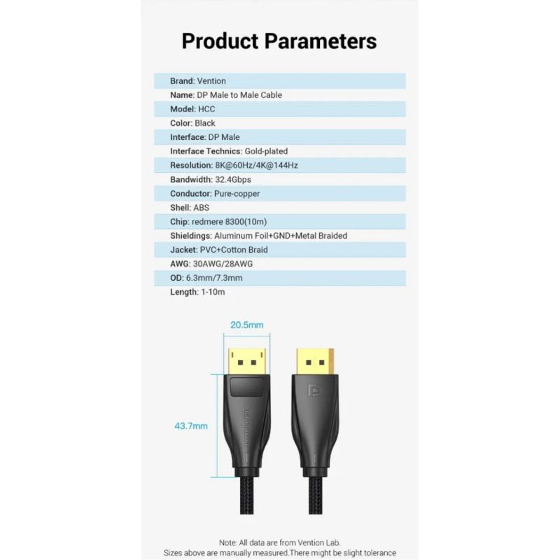 Кабель мультимедійний DisplayPort M to DisplayPort M 2.0m 8K60Hz black Vention (HCCBH)