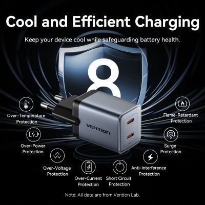 Зарядний пристрій Vention 2xUSB-C PD45W GaN + cable USB-C to USB-C 1.0m black gray (TZ-FCDH0-EU)
