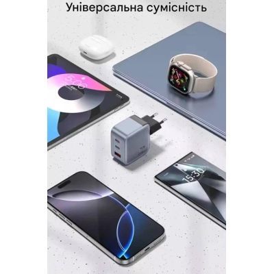Зарядное устройство Vention 1xUSB-C PD70W + 1xUSB QC3.0 22.5W GaN + cable USB-C to USB-C 1.0m 5A gray (TZ-FCGH0-EU)