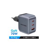 Зарядний пристрій Vention 1xUSB-C PD70W + 1xUSB QC3.0 22.5W GaN + cable USB-C to USB-C 1.0m 5A gray (TZ-FCGH0-EU)