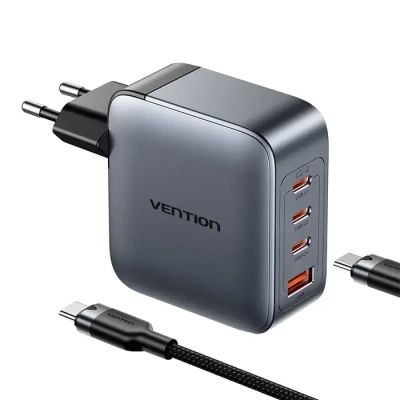 Зарядное устройство Vention 3xUSB-C PD100W + 1xUSB QC3.0 30W GaN + cable USB-C to USB-C 1.0m gray (TZ-FETH0-EU)
